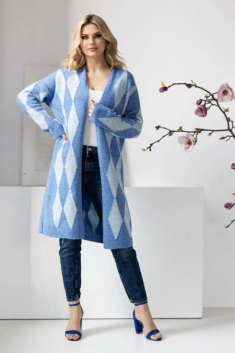 Cardigan Pee Ka Boo long ample motif géométrique bleu doux manches longues ouvert devant femme mode intemporel