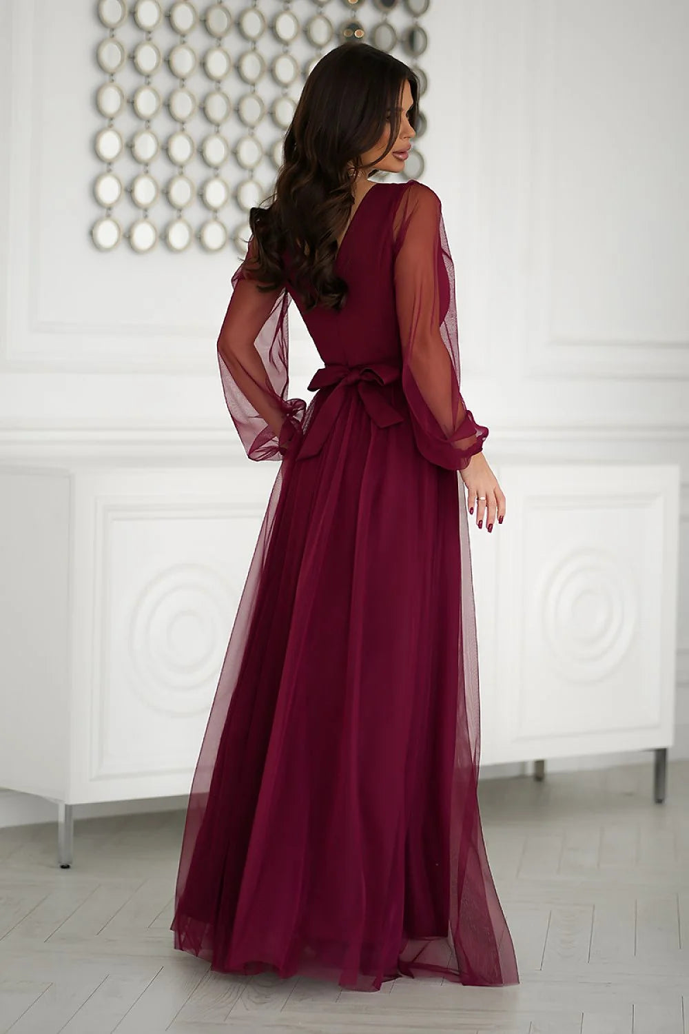 Robe longue élégante pour femme en mousseline tunique cache-cœur manches longues transparentes ceinture intégrée fente haute couleur bordeaux