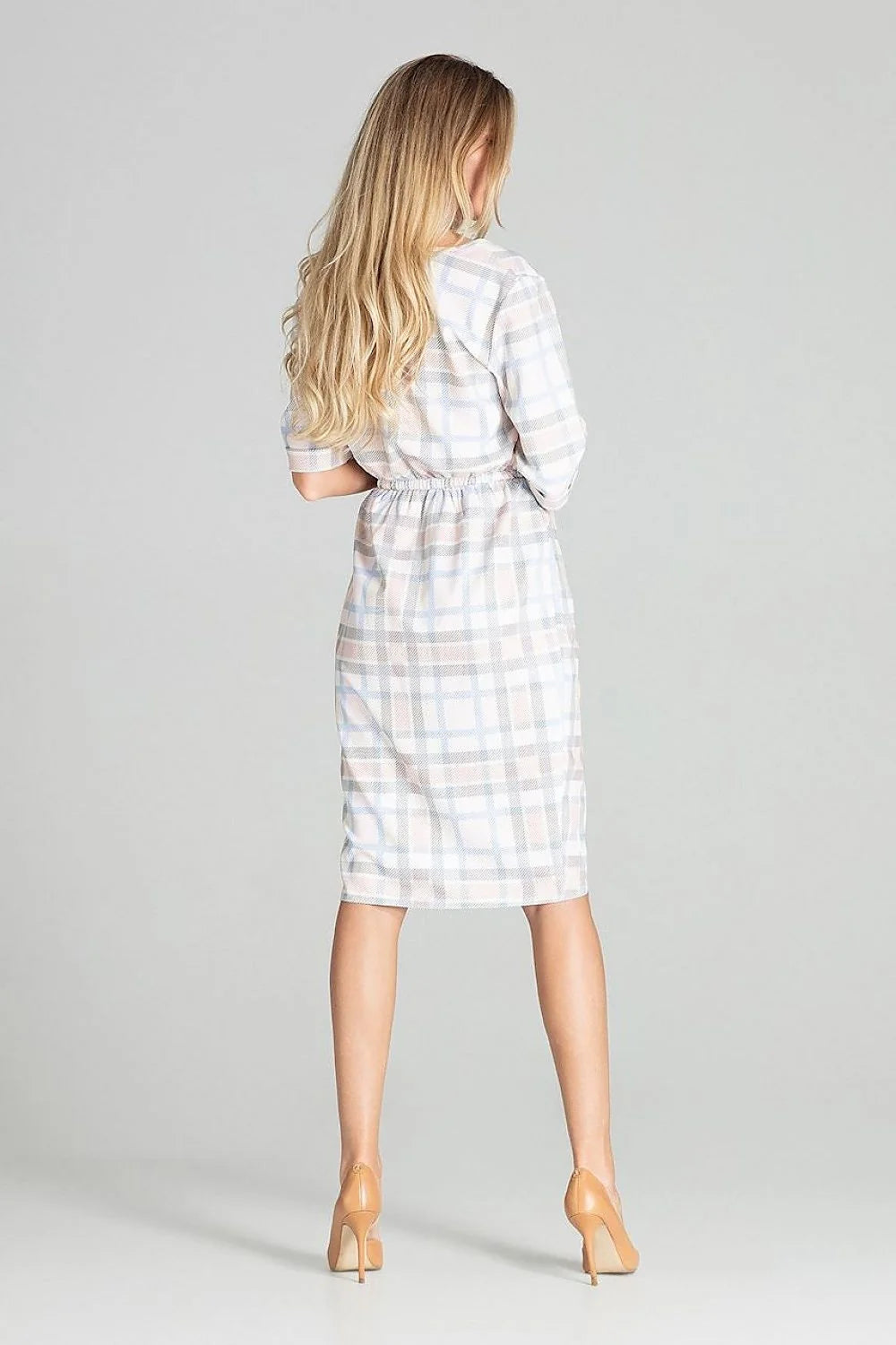 robe midi femme bleu ciel manches trois quarts col rond taille élastique jupe portefeuille asymétrique coupe blousante cintrée