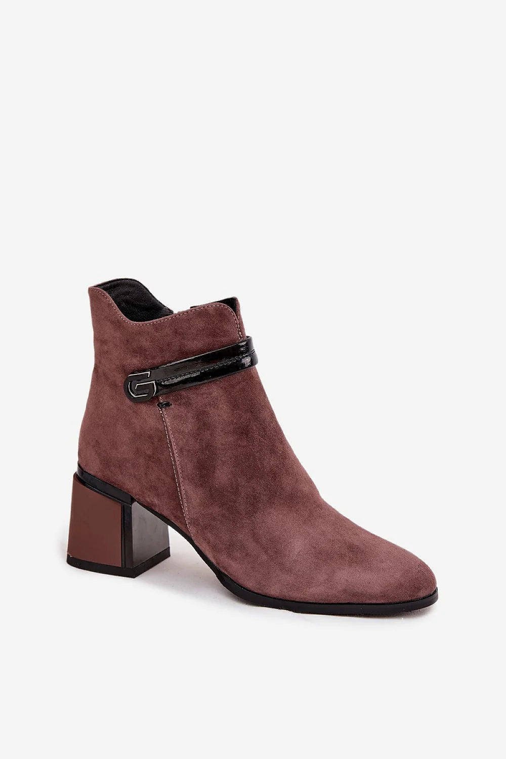 Bottines Femme Suède Vieux Rose Marron Bout Pointu Sangle Décorative Cuir Verni Boucle Talon Bloc Stable Confort Élégant