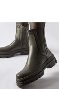 Bottines femme design contemporain cuir haute qualité couleur kaki sobre mi-haute arrondie fermeture éclair latérale élastiquée semelle épaisse crantée caoutchouc robuste automne hiver