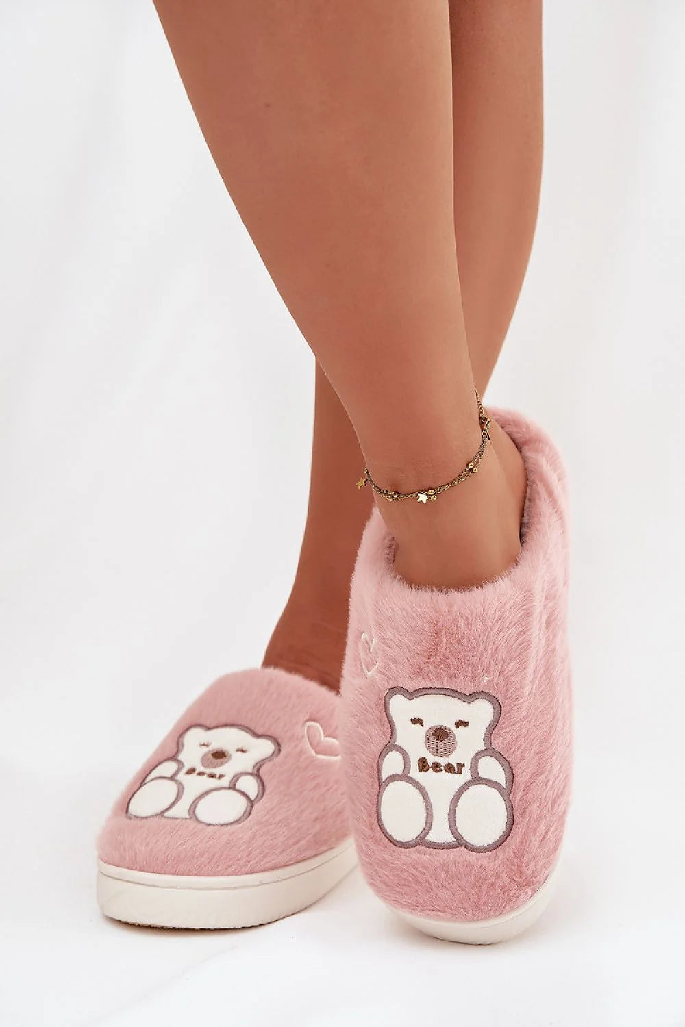 pantoufles fourrure fausse femme rose pâle peluche semelle épaisse blanche mule slipon talon ouvert broderie ourson coeur cosy