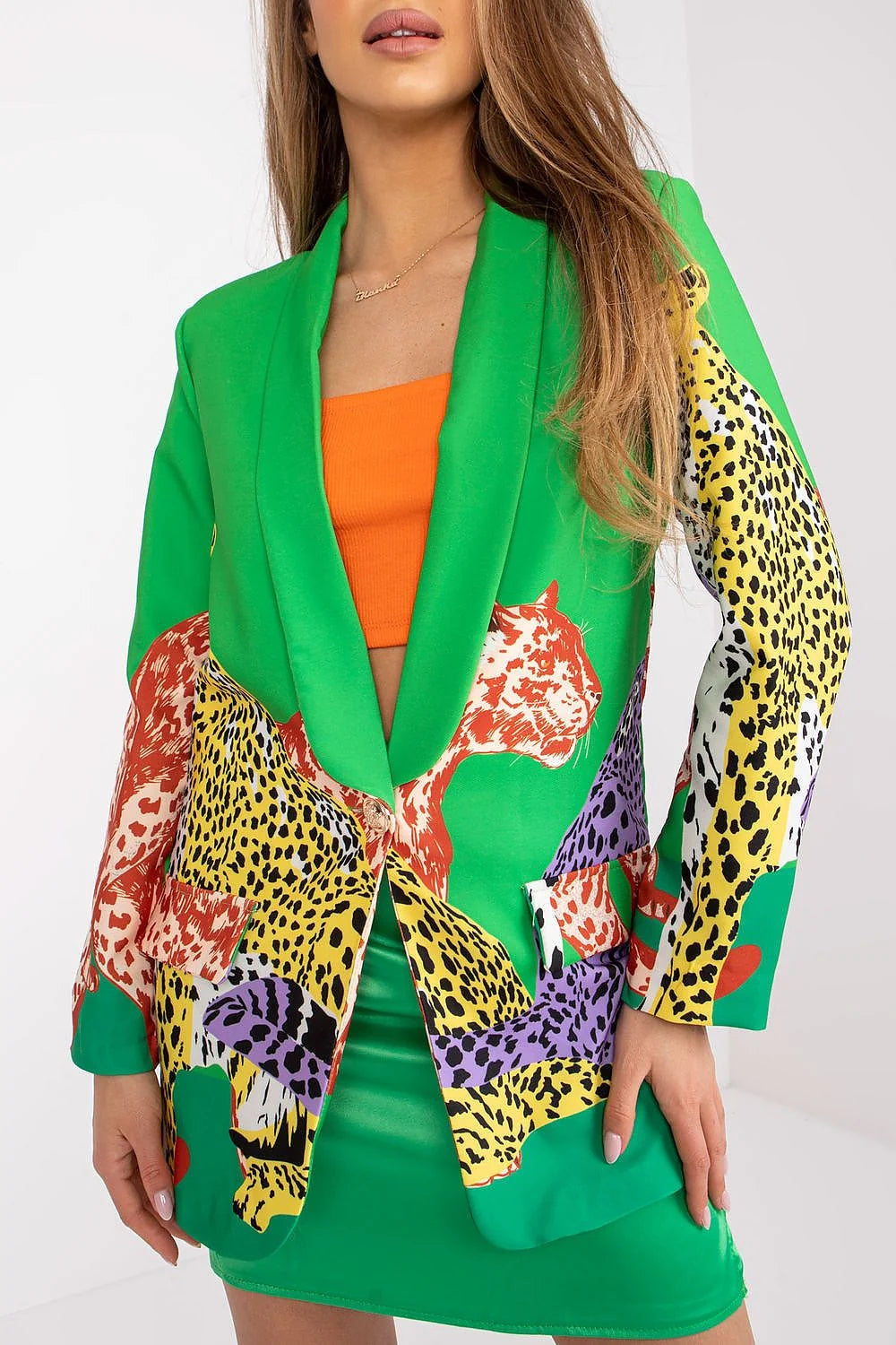 Veste pour femme imprimé animal vert vif épaules rembourrées fermeture à bouton polyester elasthanne manches longues ajustée