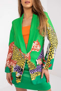 Veste pour femme imprimé animal vert vif épaules rembourrées fermeture à bouton polyester elasthanne manches longues ajustée