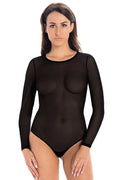 Body sexy ajusté pour femme en maille transparente noire, manches longues, encolure ronde, coupe sans couture, matériau élastique, style polyvalent