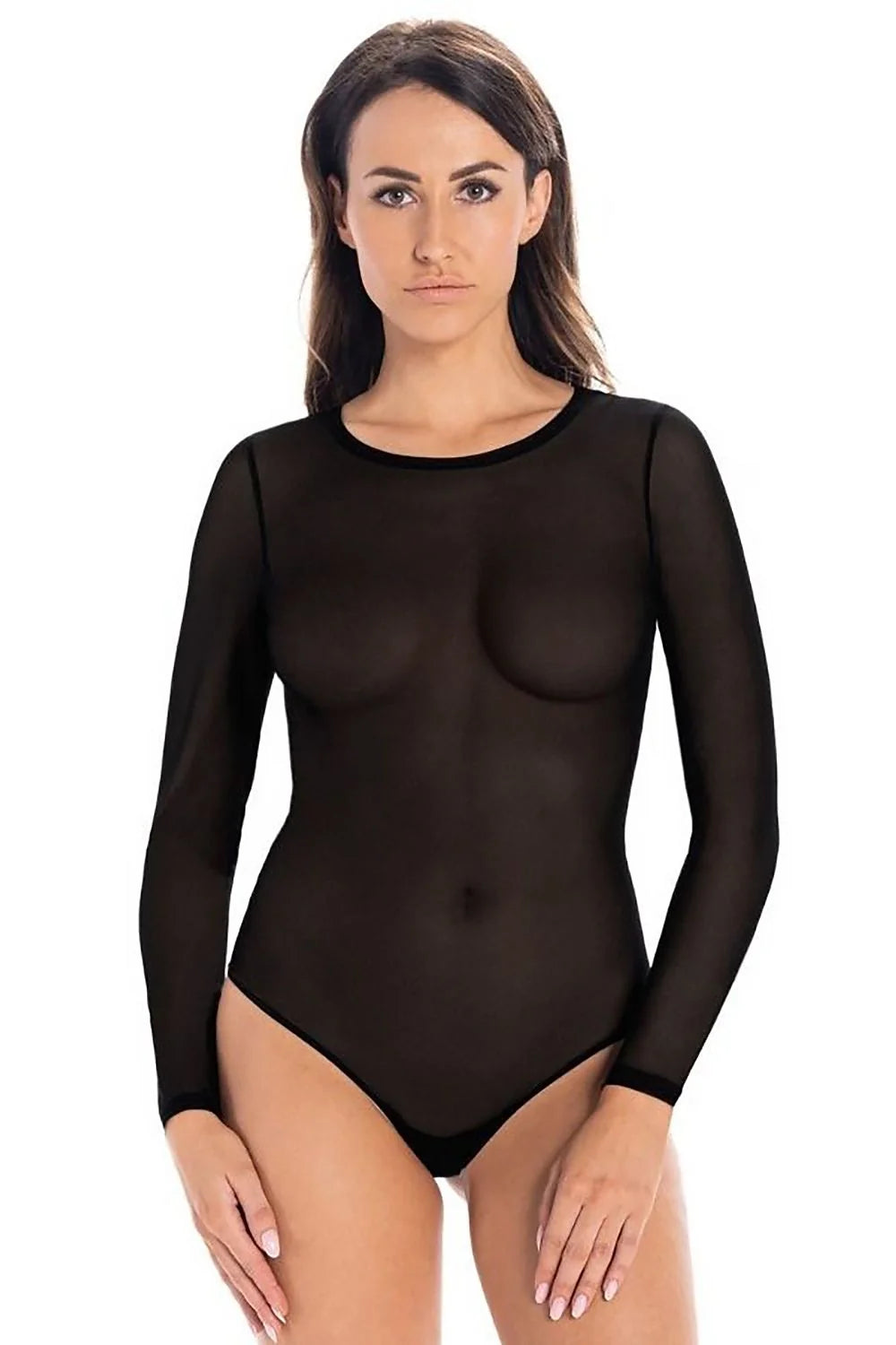 Body sexy ajusté pour femme en maille transparente noire, manches longues, encolure ronde, coupe sans couture, matériau élastique, style polyvalent
