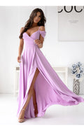 Robe longue élégante en lavande manches tombantes encolure en cœur ceinture taille ajustable polyester coton élasthanne femme