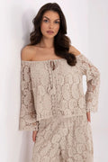 ensemble dentelle beige écru bardot épaules dénudées manches longues évasées pantalon large fluide bohème chic festonné pompons élastiqué
