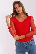 Chemisier Rue Paris ajusté tissu côtelé manches longues transparentes col V dentelle féminine élégant coton élasthanne tailles S M L