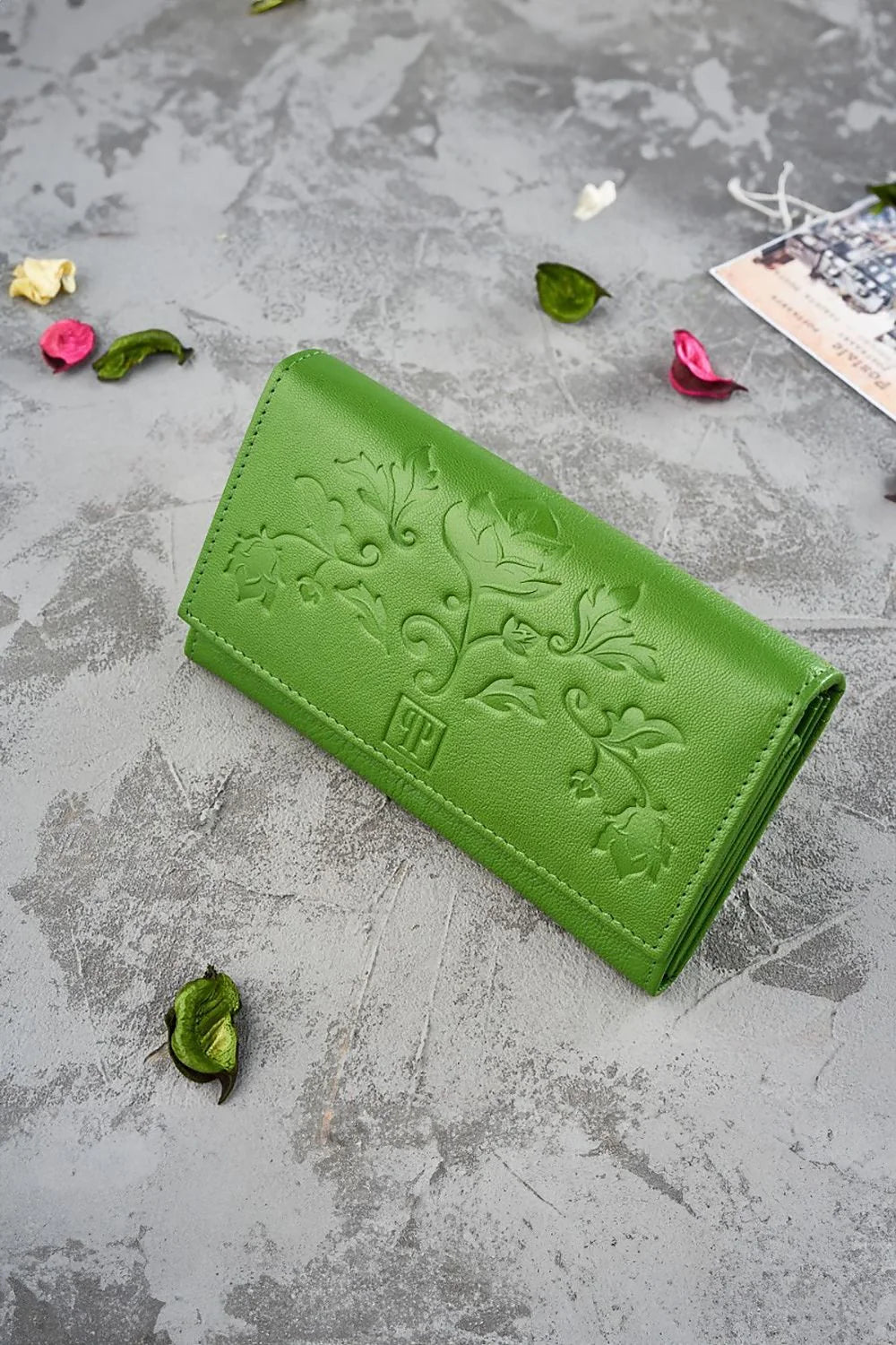 Portefeuille femme Galanter design floral cuir vert vibrant compartiments zippés RFID protection occasion spéciale