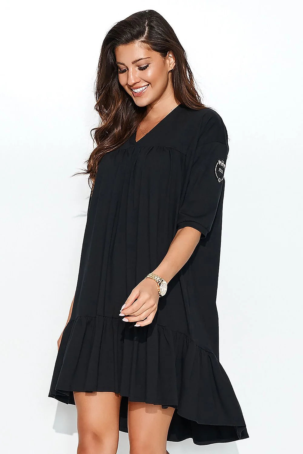 Robe décontractée noir coton oversize chic manches mi-longues encolure V femme confortable élégante