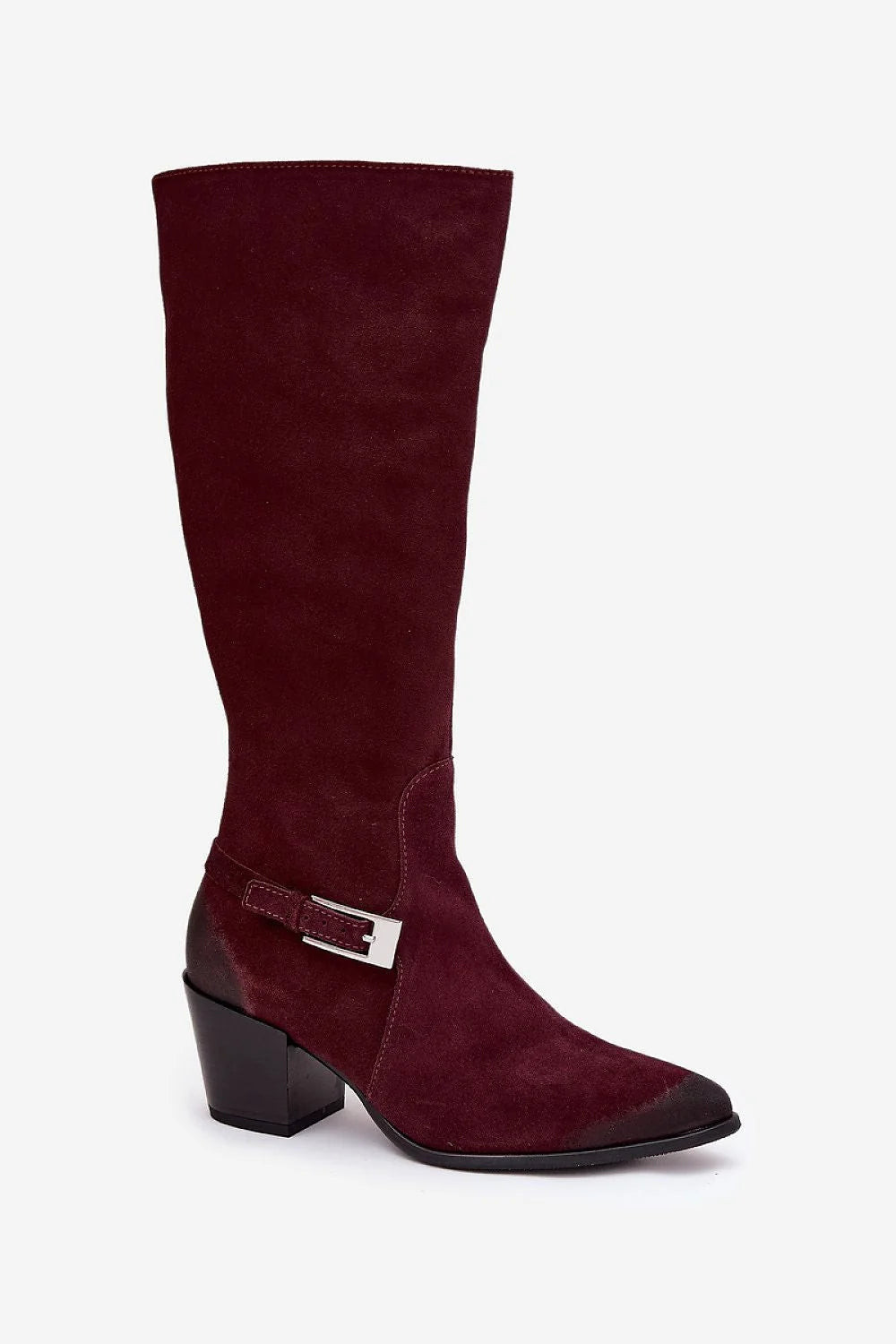 bottes hautes femme suède bordeaux bout pointu talon bloc six centimètres fermeture éclair boucle argentée doublure feutre chaleur élégantes confortables