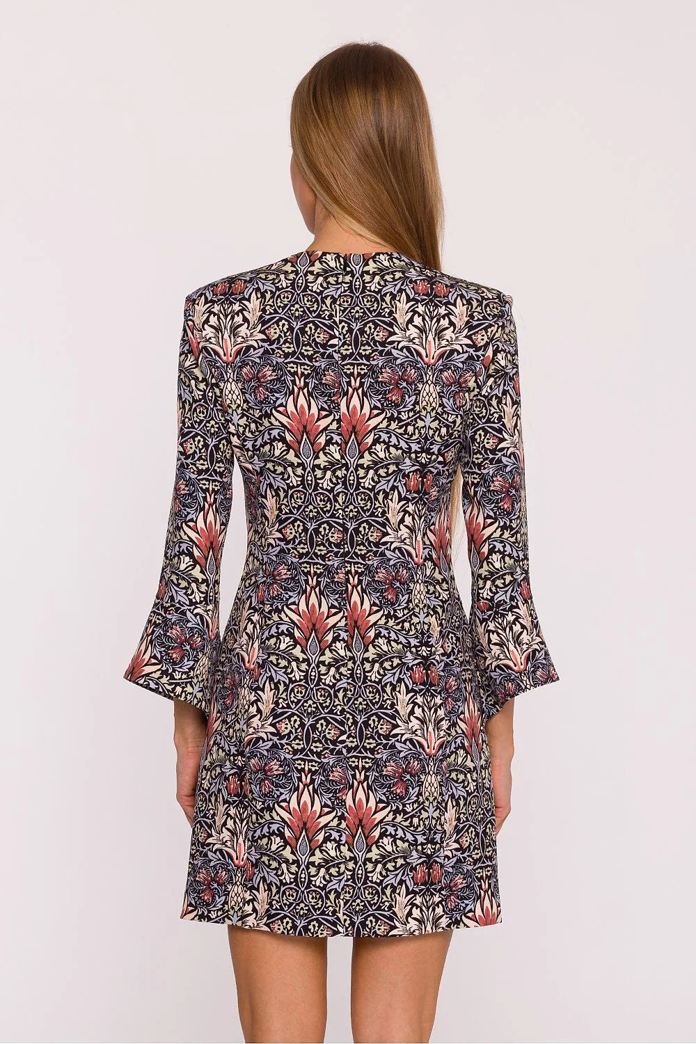 robe femme courte mini imprimée végétal floral baroque corail crème kaki noir décolletéV manches évasées taille marquée coupe fluide légère