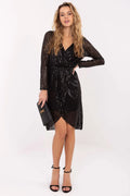 robe soirée cocktail noire pailletée scintillante portefeuille décolleté manches longues transparentes taille cintrée jupe tulipe asymétrique doublée élasthanne polyester