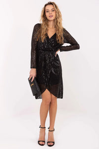 robe soirée cocktail noire pailletée scintillante portefeuille décolleté manches longues transparentes taille cintrée jupe tulipe asymétrique doublée élasthanne polyester
