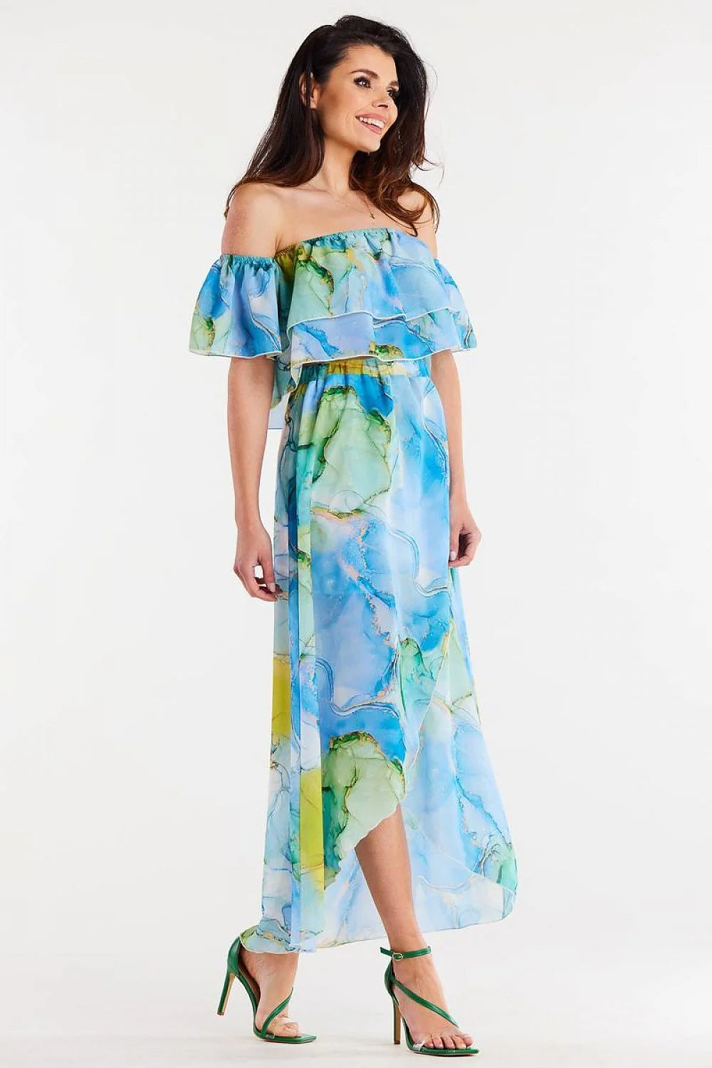 Jupe longue asymétrique en mousseline de soie style bohème encolure Bardot manches volant motif aquarelle polyester 100% taille ajustable femme été