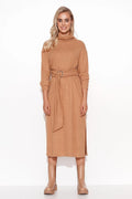 Robe de jour Makadamia longue ajustée maille côtelée ceinture manches longues col roulé doré femme