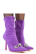 bottines satinées violet vif stretch chaussette montante bout pointu talon aiguille nœud bijou strass zircone incrustée semelle cuir écologique