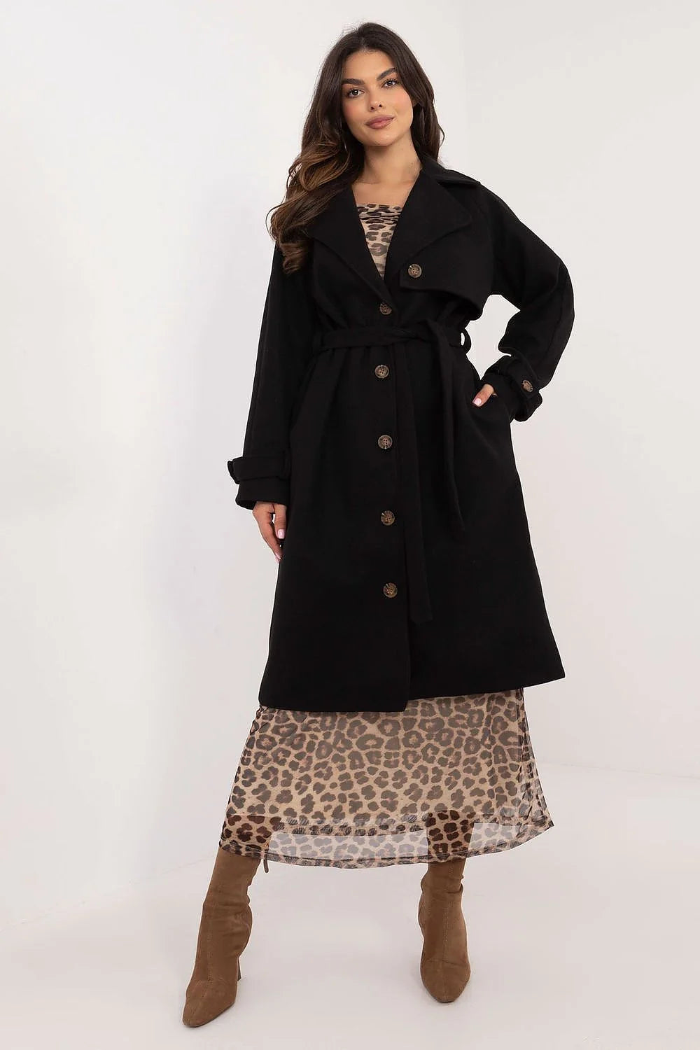 Manteau Och Bella en polyester intemporel élégant genoux longueur manches longues fermeture boutons poches latéales ceinture attachée femme