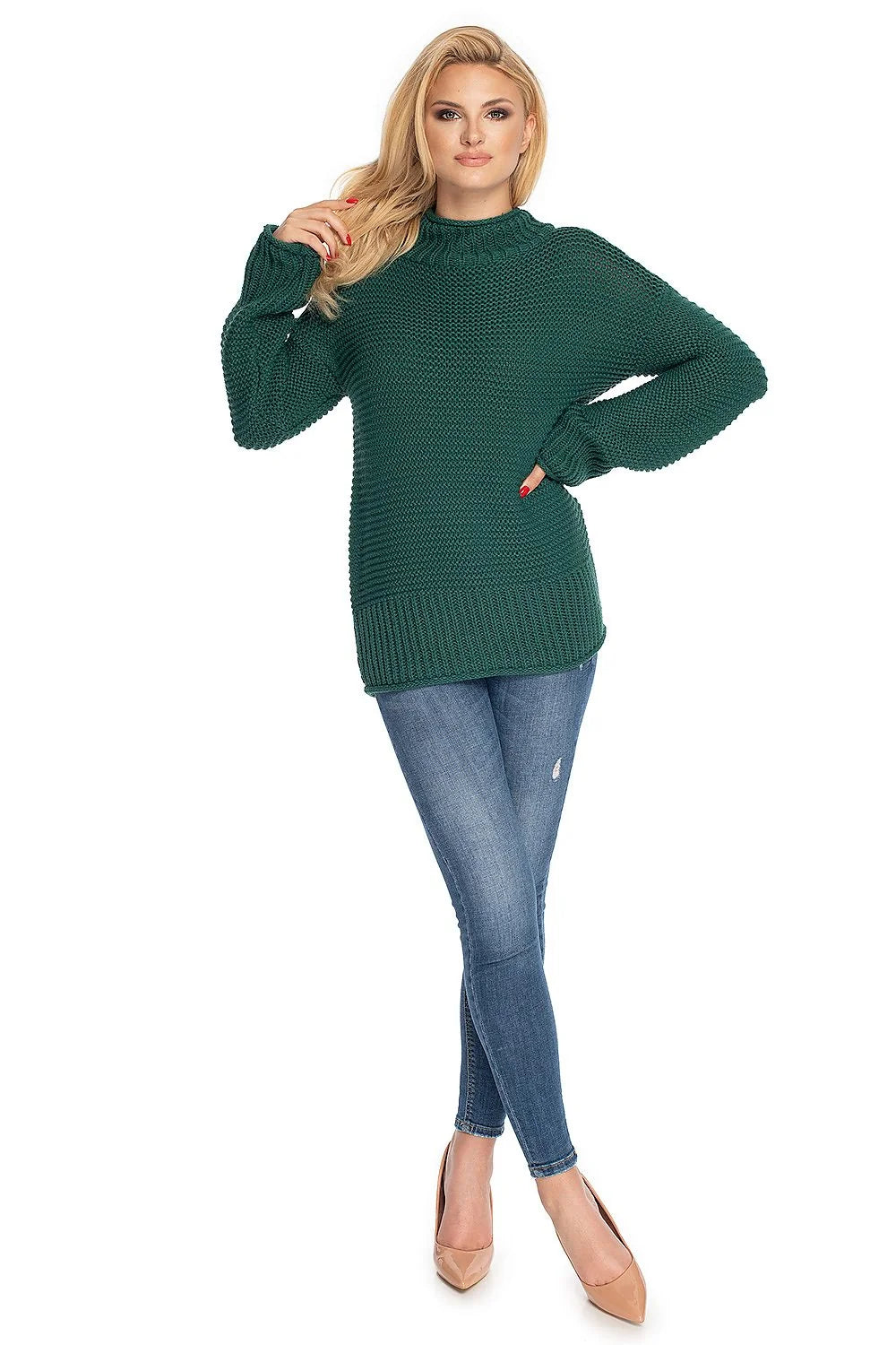 Pull en maille femme col roulé manches amples beige clair tricot épais côtelé qualité supérieure