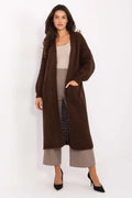 cardigan long femme oversize maille épaisse duveteuse marron chocolat ouverture frontale sans boutons midi manches bouffantes poches plaquées bords côtelés
