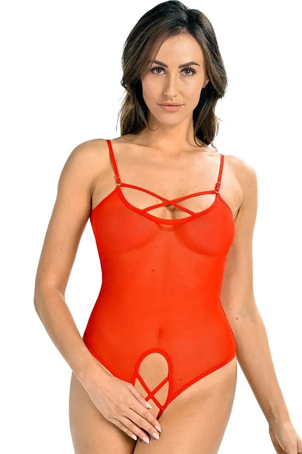 Body en maille transparente rouge vif fines bretelles croisées décolleté V dos nu lingerie audacieuse élégance femmes
