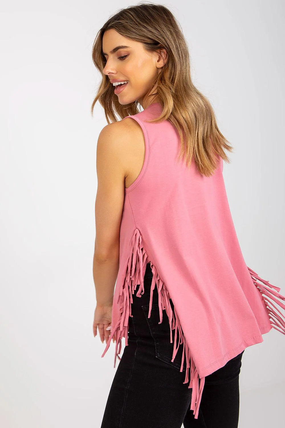 Débardeur de plage élégant sans manches en coton 95% élasthanne 5% encolure cœur franges latérales dos prolongé pour femmes occasion décontractée style bohème été