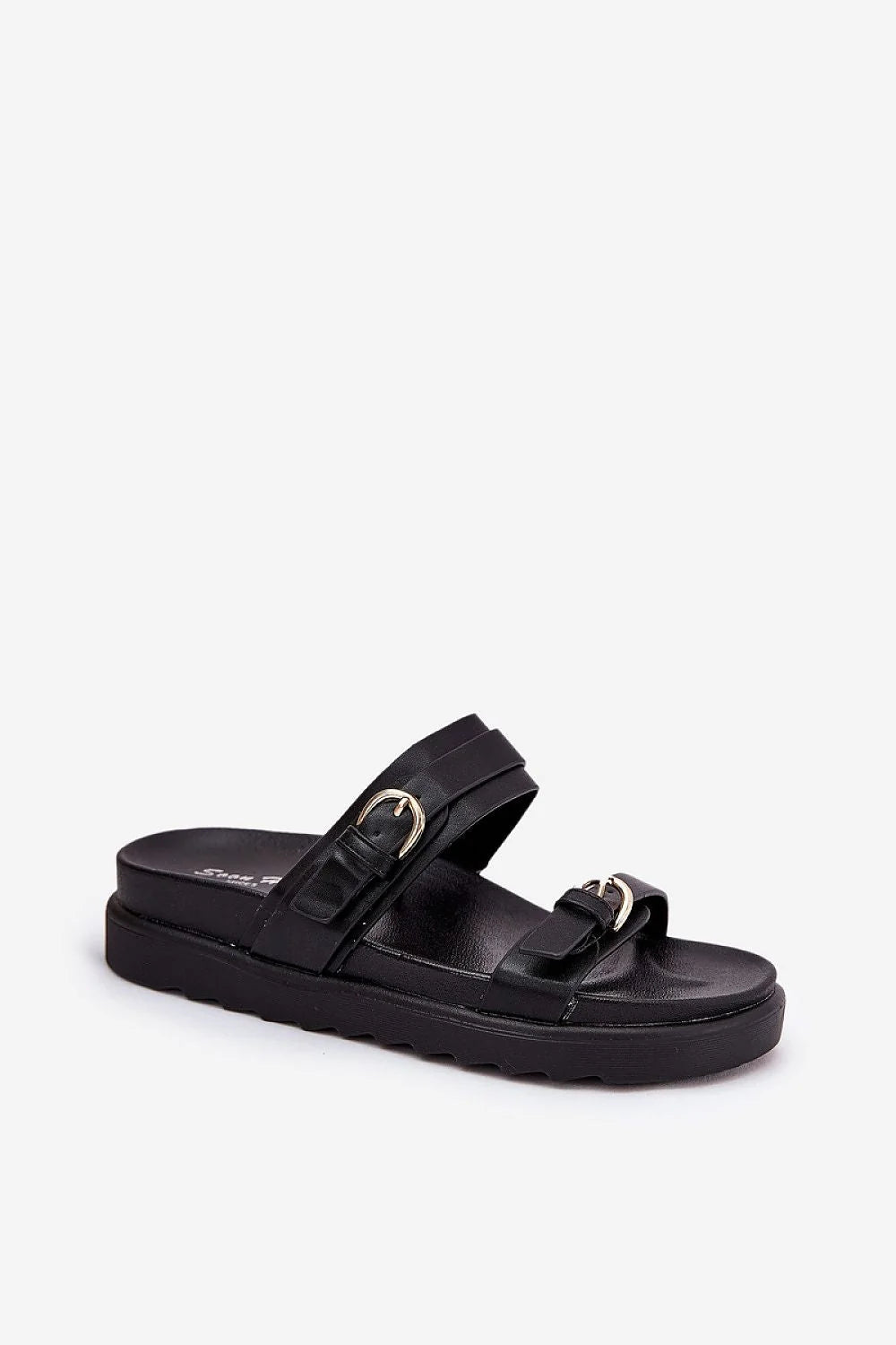 Sandales femmes plateforme style moderne sangles boucles métalliques couleur noire cuir chaussures été tendance