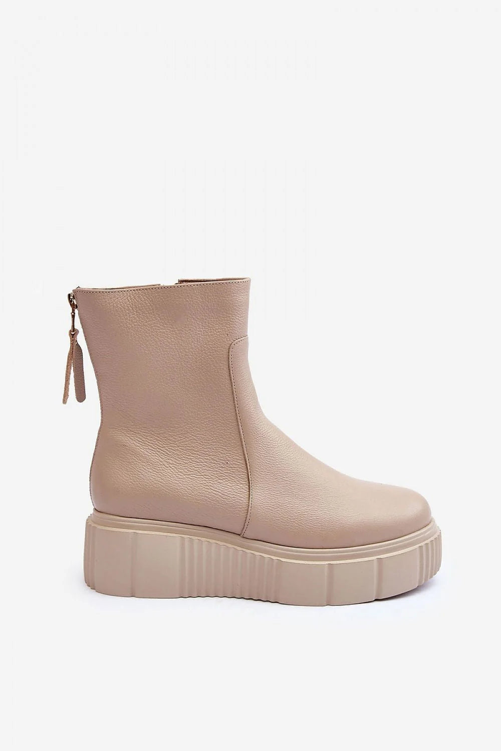 Bottes pour femmes style moderne cuir naturel plateforme épaisse talon compensé fermeture éclair beige clair confortable occasions multiples automne hiver