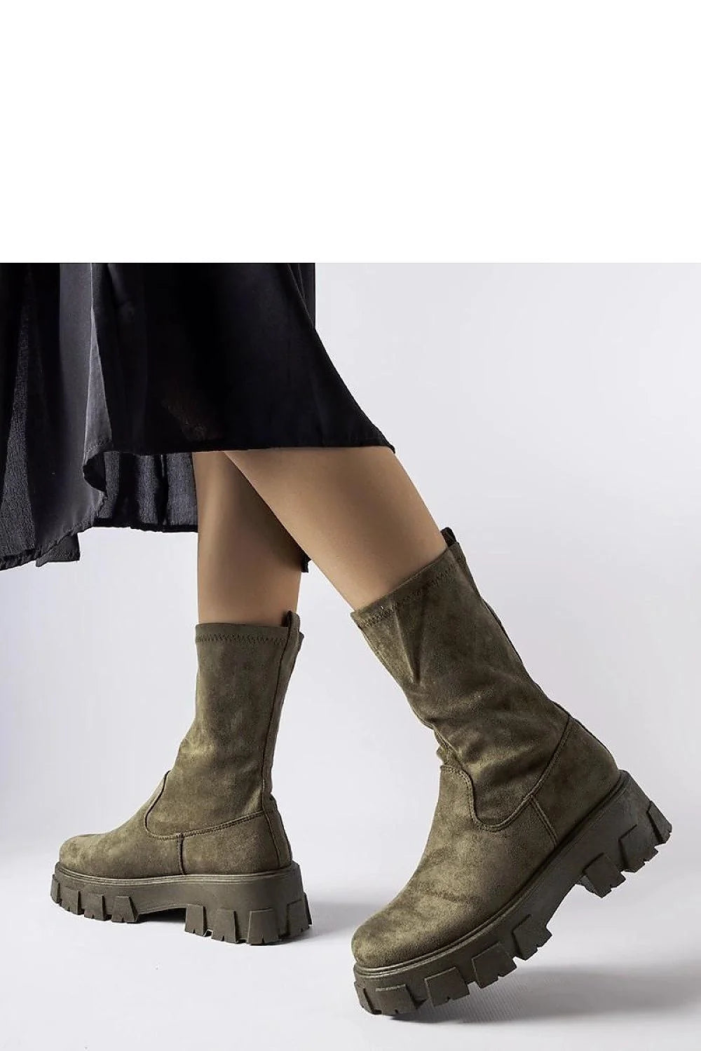 Bottes mi-hautes femmes design moderne audacieux éco-suedine vert olive confort talon bas semelle caoutchouc panneaux structurels polyvalentes occasion quotidienne automne hiver