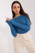 Haut et pantalon femme moderne couleur bleu et crème manches longues encolure dégagée taille réglable tissu côtelé