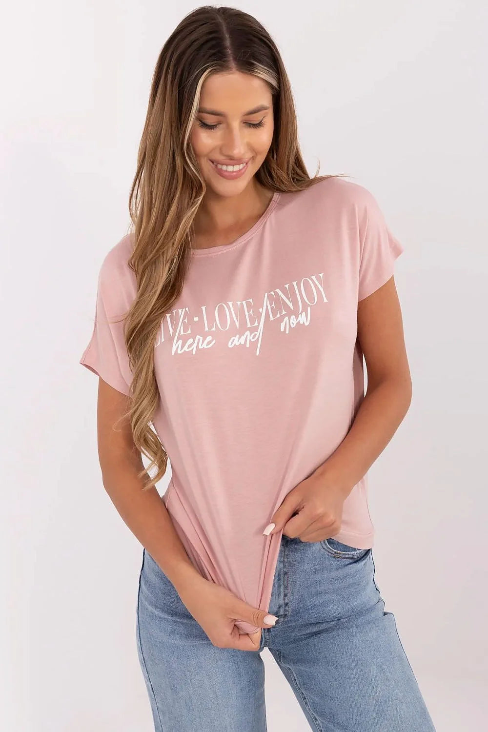 T-shirt féminin décontracté manches courtes encolure ronde imprimé LIVE LOVE ENJOY here and now rose pâle