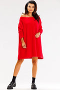 robe tricot rouge oversize manches longues chauve souris col large asymétrique épaules dégagées maille douce moelleuse mi cuisse