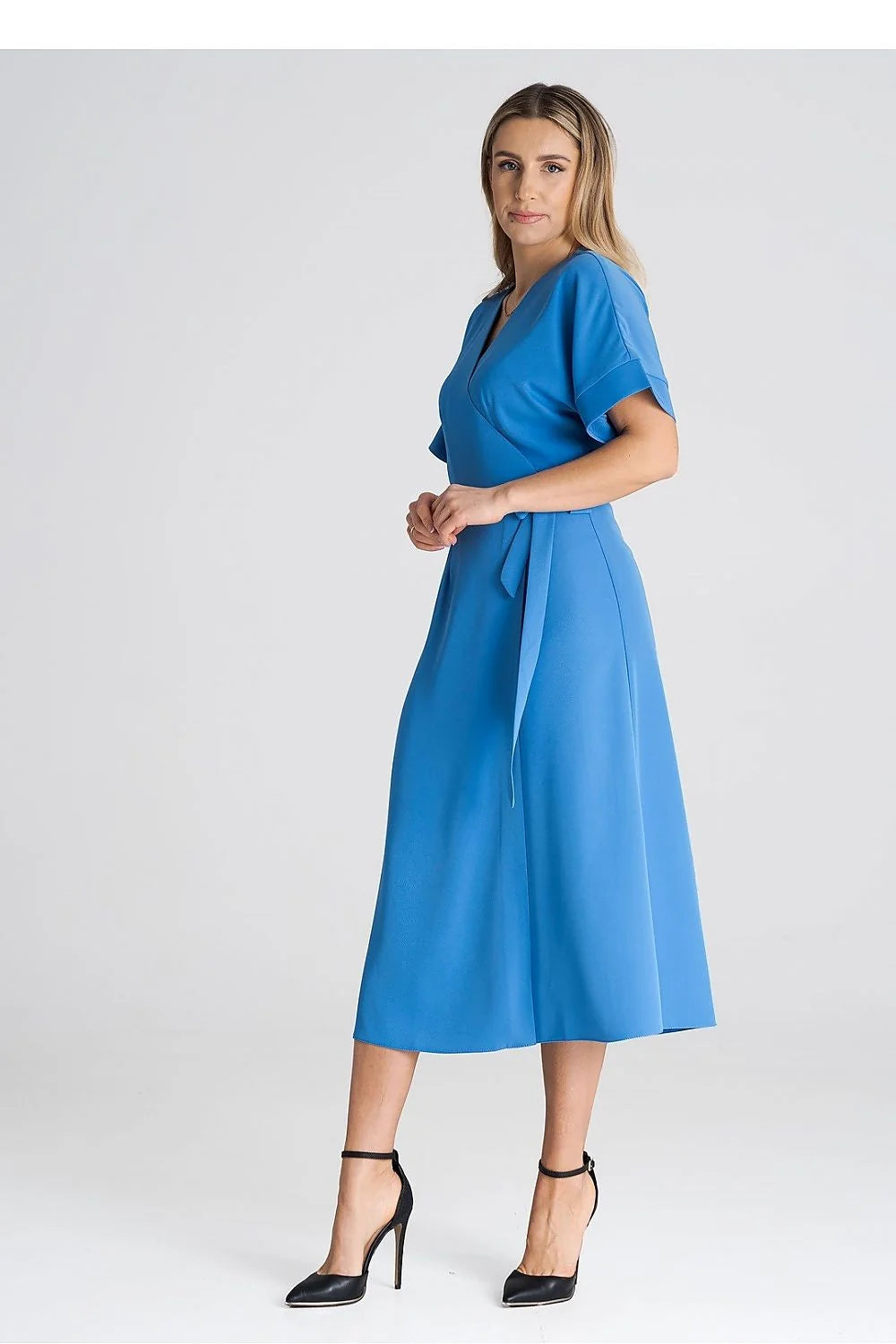 Robe de jour Figl inspiration classique élégance robe portefeuille manches courtes bleu vif sash ajustable femme