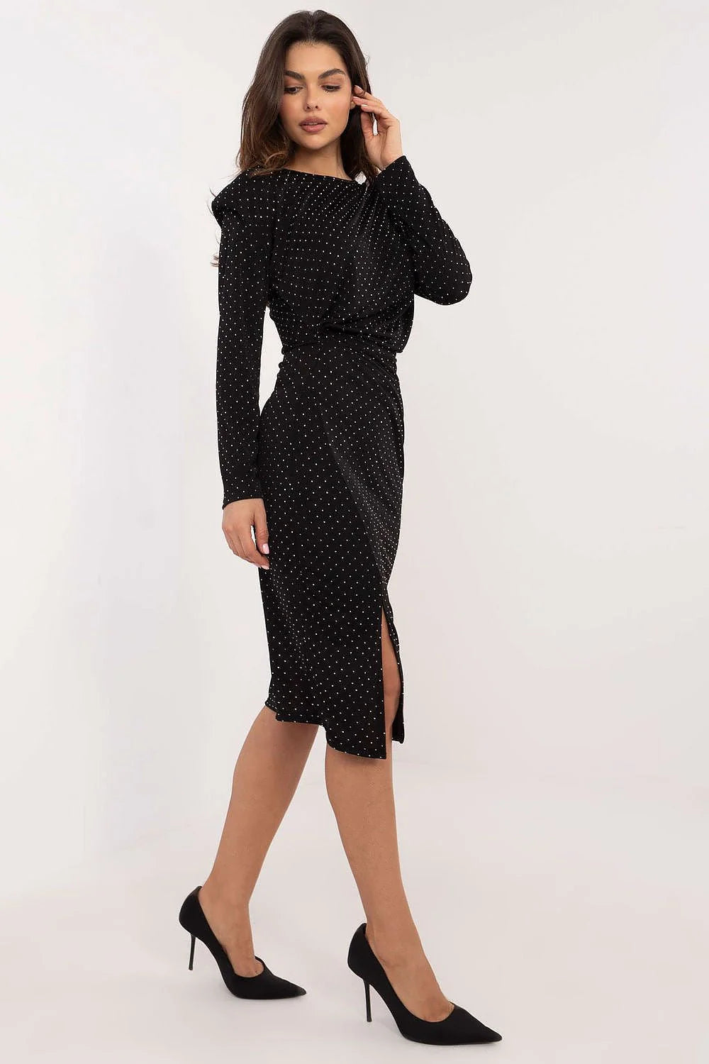 Robe de soirée élégante longueur midi manches longues encolure ronde pois noirs femmes occasion spéciale Italy Moda