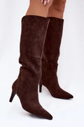 cuissardes bottes hautes suédine marron bout pointu talon aiguille bas tige froncée velours doublure fourrure synthétique chaude confortables féminines élégantes