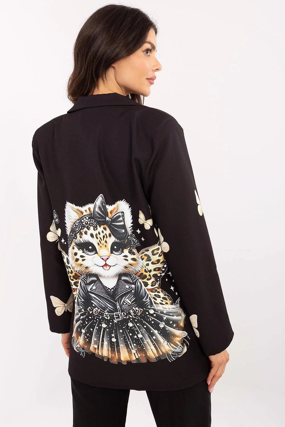 Veste pour femme moderne design artistique coupe droite longue manches noire imprimé animalier