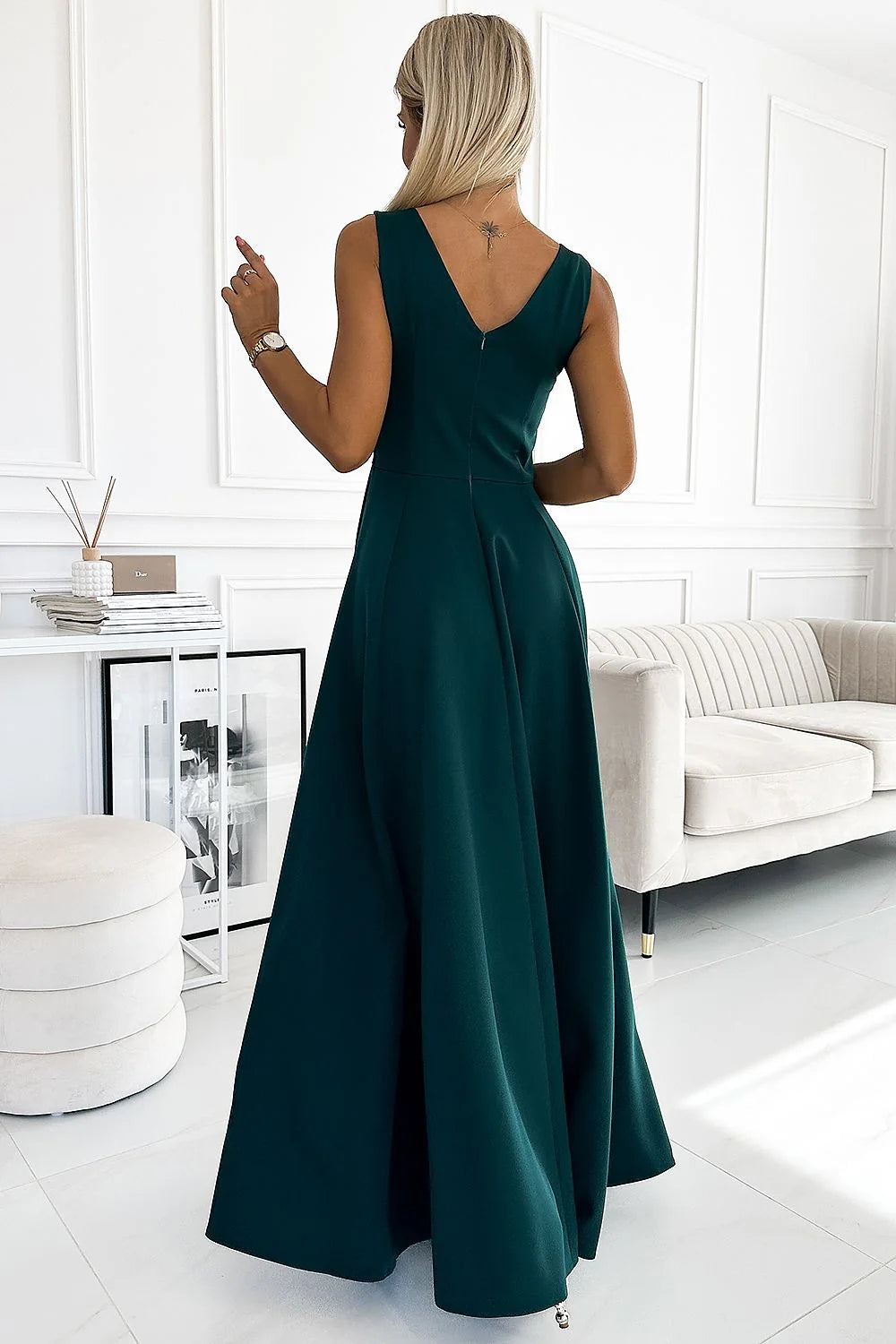 Robe longue élégante vert foncé encolure en V bretelles épaisses polyester 95% elasthanne 5% femme taille ajustable occasion spéciale