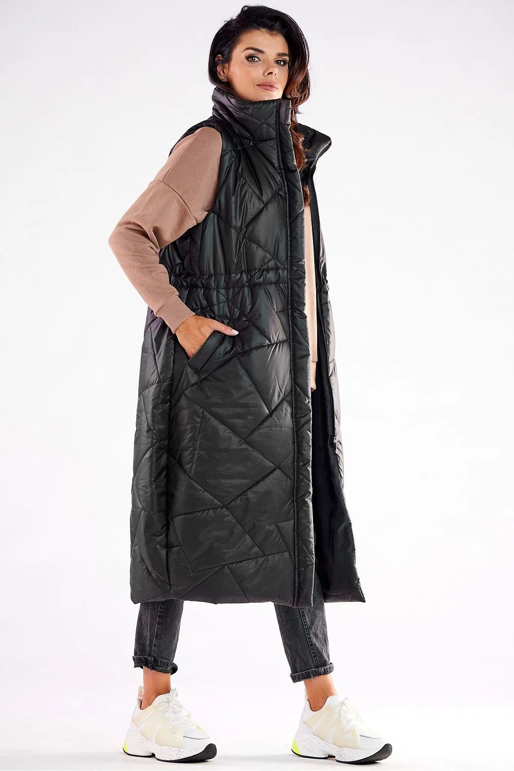Gilet awama doudoune longue sans manches pour femmes coupe moderne col montant matelassé en diagonale couleur rouge vif polyester 100% taille S/M L/XL