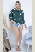 Sweatshirt coton vert émeraude motifs cœurs blancs casual-chic féminité confort allure moderne femmes