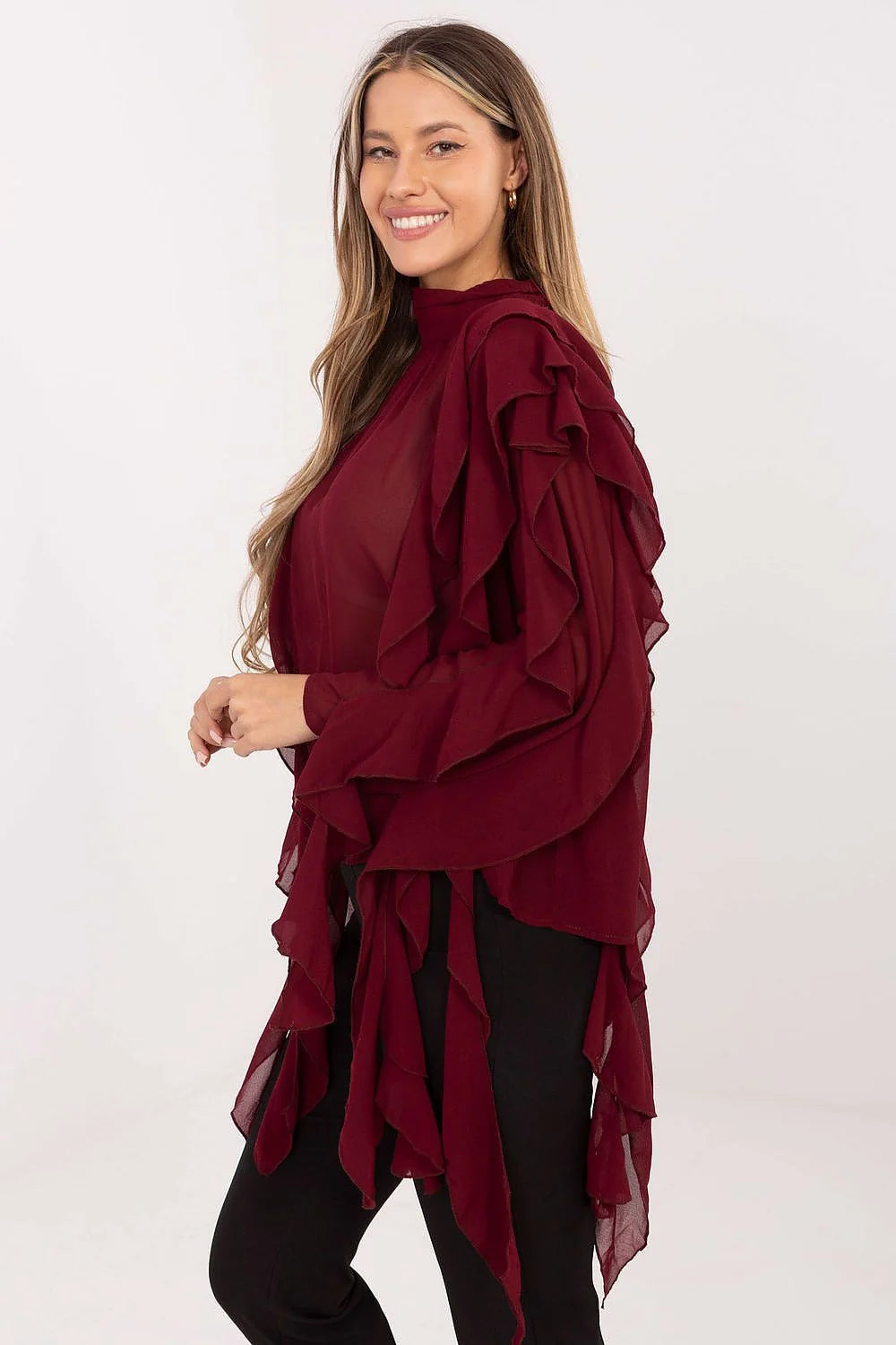 chemise élégante femme soirée motif lisse viscose polyester douce extensible ajustée manches longues col roulé boutons volants décoratifs romantique chic