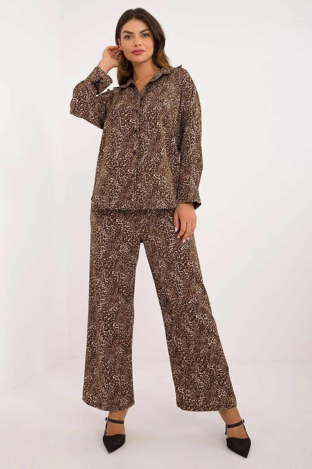 Ensemble pour femme motif animal imprimé léopard chemise manches longues pantalon taille haute polyester élasthanne confort style audacieux