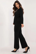 ensemble femme deux pièces maille noire pull col V manches longues bas arrondi asymétrique pantalon taille haute jambe évasée palazzo