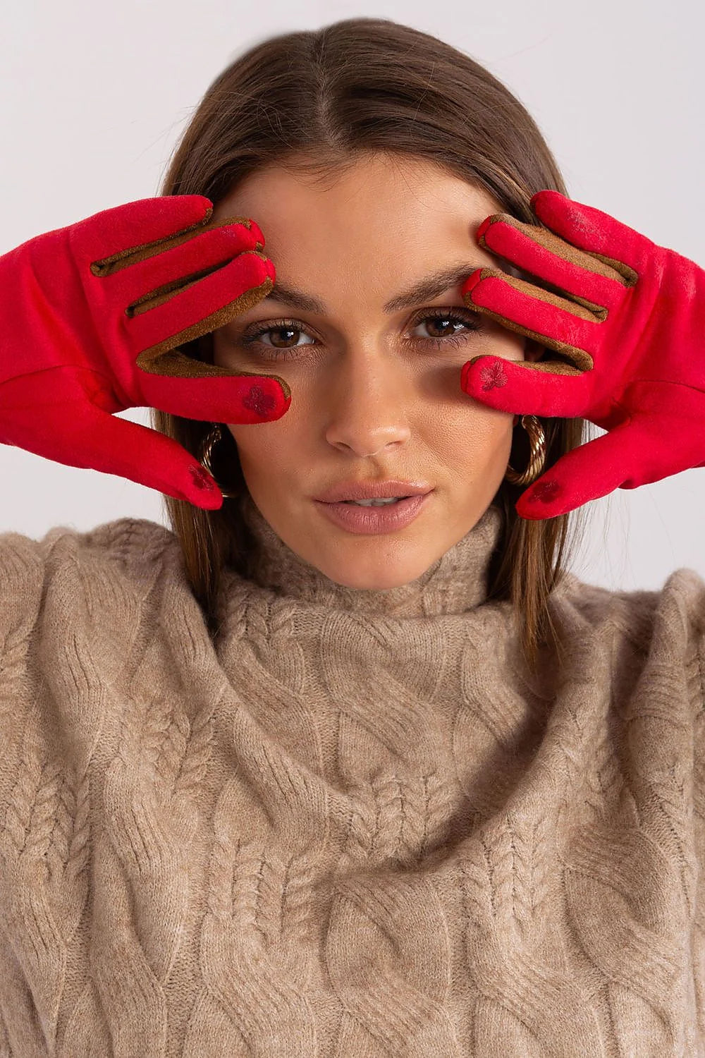 Gants élégants pour femmes, tissu lisse, empiècements contrastés, bretelles tressées, fleurs brodées, polyester-spandex, chaud et stylé