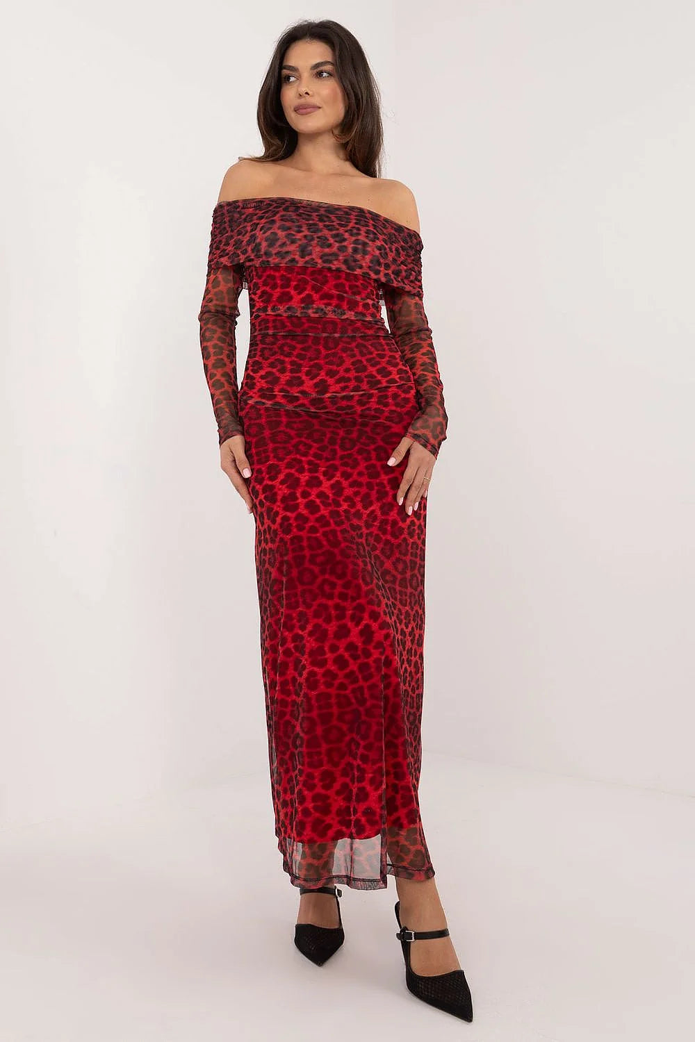 Robe de soirée élégante longue manches longues encaustique animalière rouge noire femme occasion formelle