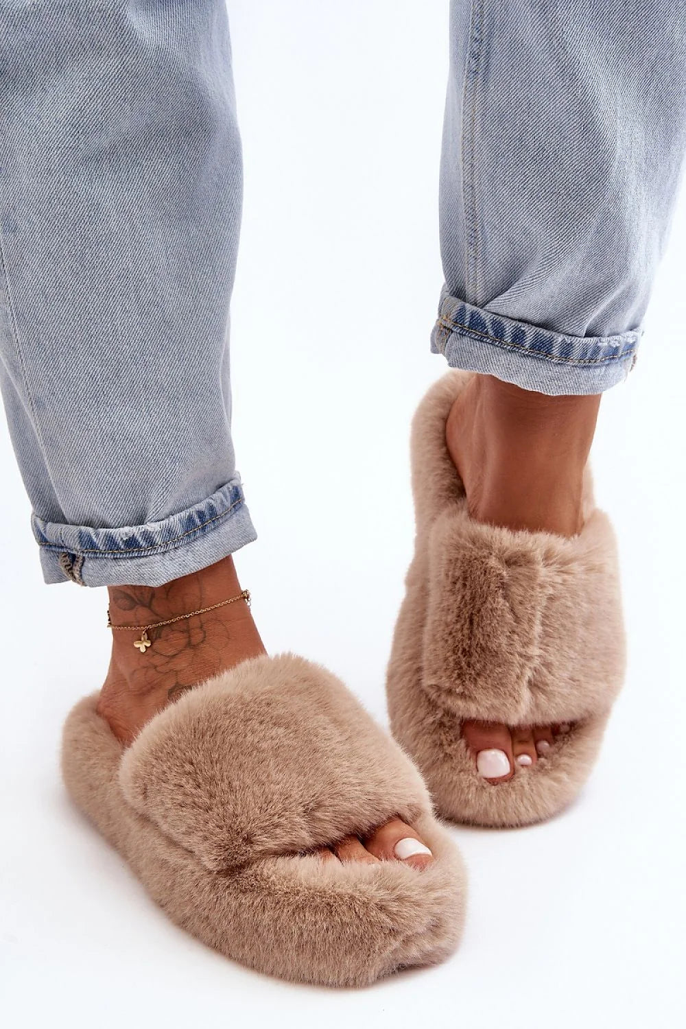 Mules en fourrure pour femmes, design ouvert, confortable et élégant, semelle épaisse, style cocooning, beige, tailles 36-41