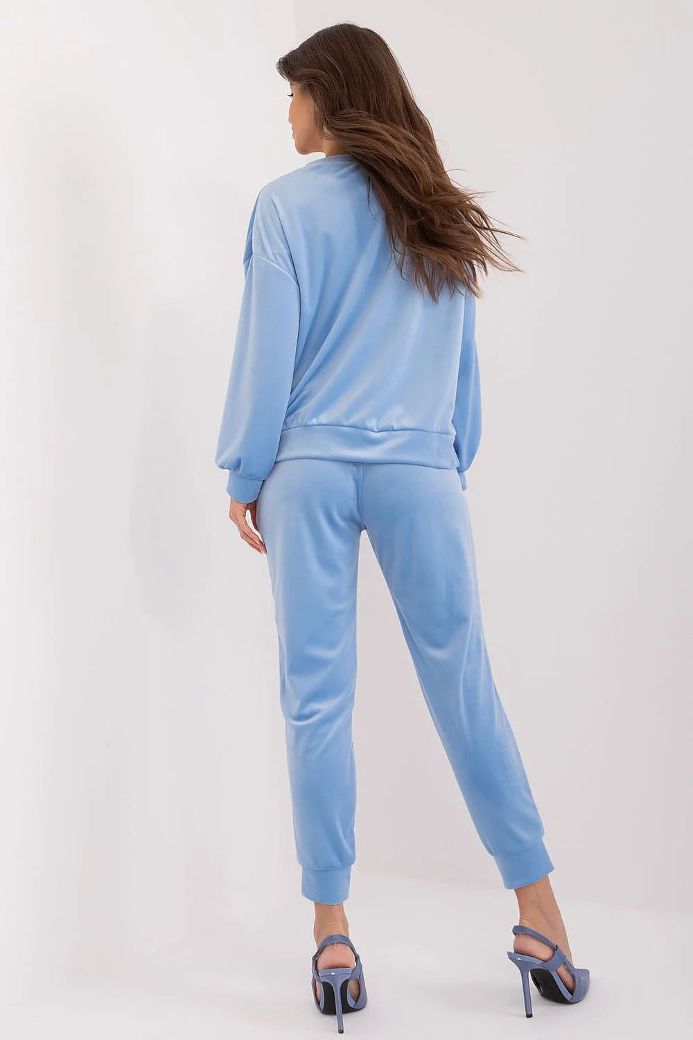 Ensemble Italy Moda velours bleu pastel coupé ample pantalon côtelé nœud épaule décontracté chic femme