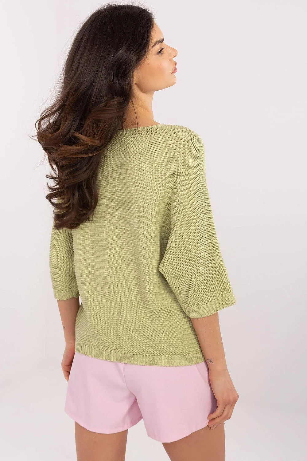 Chandail femme maille verte motif papillon fleurs manches 3/4 encolure V coton acrylique pull décontracté élégant