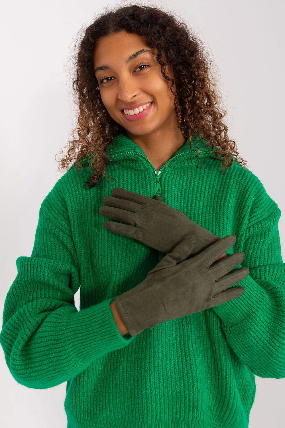 Gants élégants pour femmes en tissu isolant fleur brodée couleur kaki manches longues pull assorti automne hiver