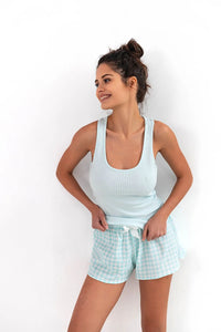 Ensemble coton élasthanne bleu ciel blanc motif carreaux vichy décolleté rond sans-manches bretelles larges short ample taille confortable
